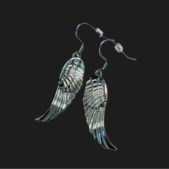 Silver Angel Wing Dangle Earrings | Celestial Boho Jewelry - Picture 1 of 4